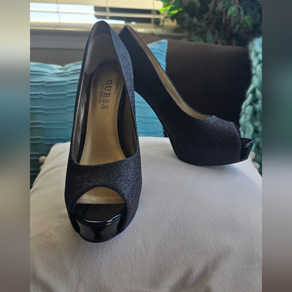 Guess Addison Black galaxy sparkle Open Toe High Heels.  Size 6.5